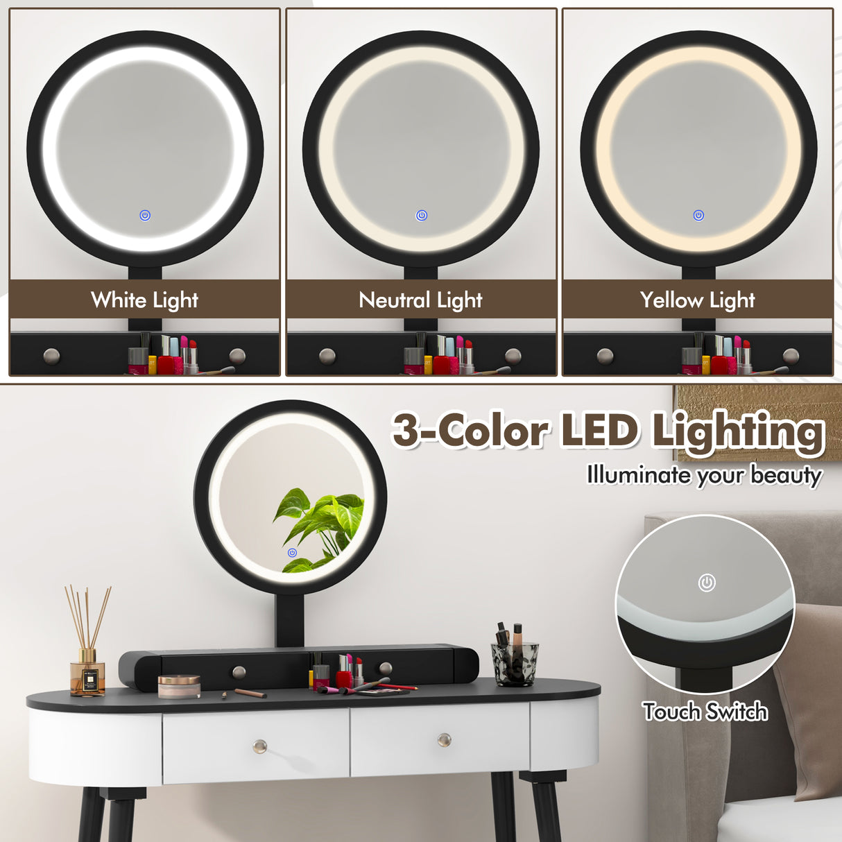 Makeup Vanity Table Set with LED Mirror and 3 Spacious Drawers-White and Black