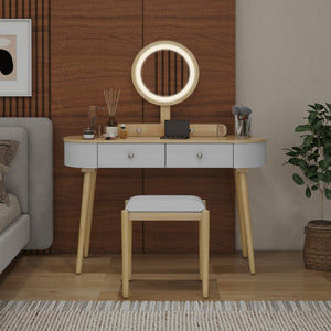Makeup Vanity Table Set with LED Mirror and 3 Spacious Drawers-White-Natural Wood