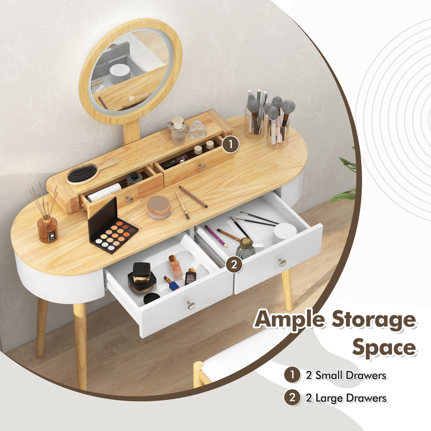 Makeup Vanity Table Set with LED Mirror and 3 Spacious Drawers-Natural