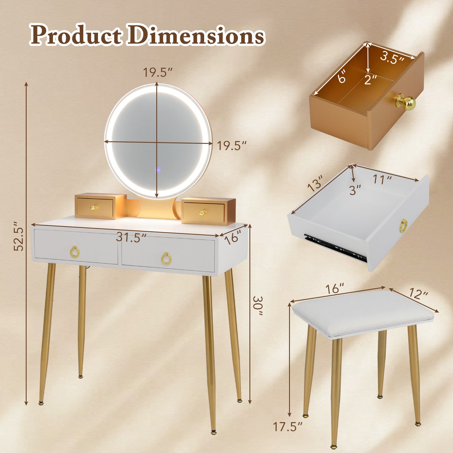 Vanity Table Set with Mirror-White