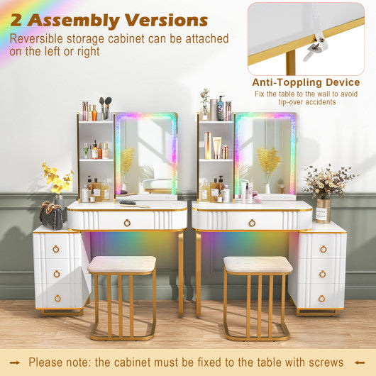 Vanity Table Set with RGB LED Lights and Wireless Charging Station-White