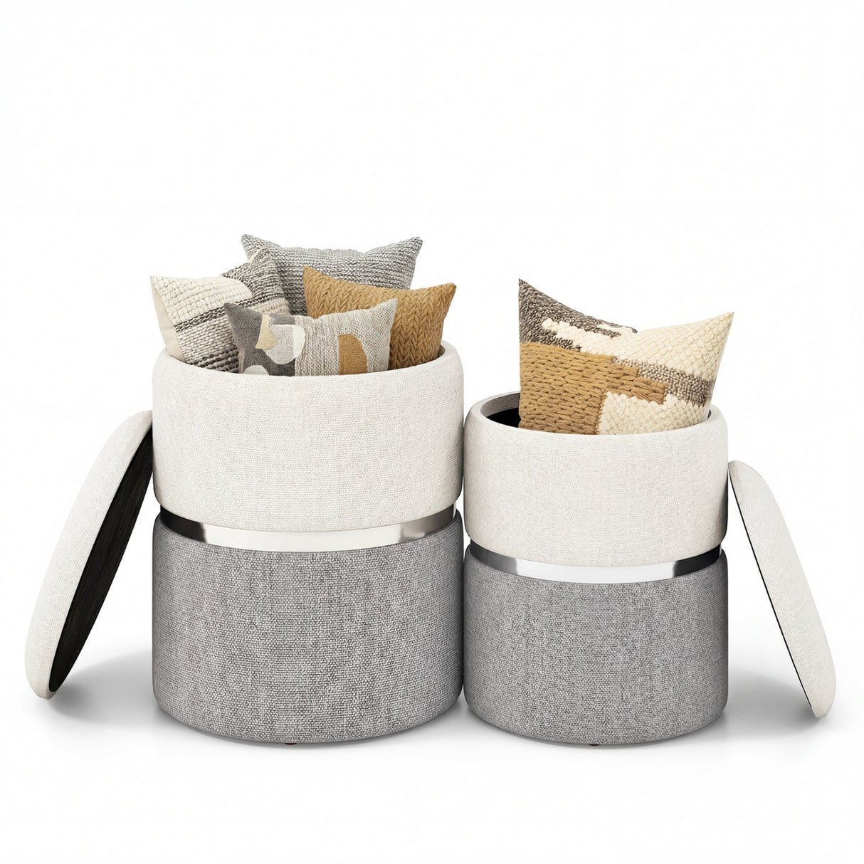 Velvet/Linen Fabric Storage Ottoman Set of 2-Gray