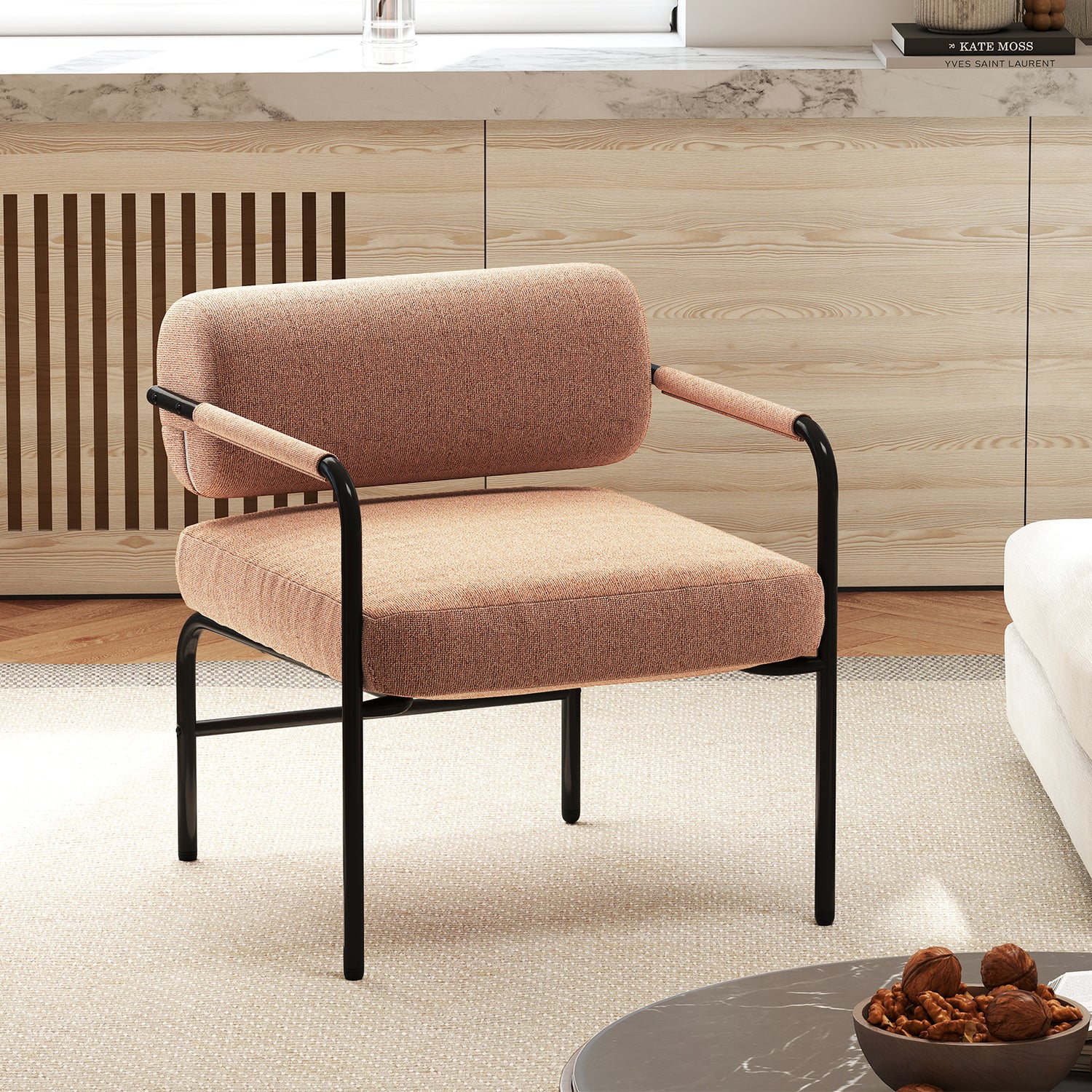 Velvet Upholstered Accent Chair with Cylindrical Backrest and Metal Armrests-Brown