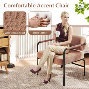 Velvet Upholstered Accent Chair with Cylindrical Backrest and Metal Armrests-Brown