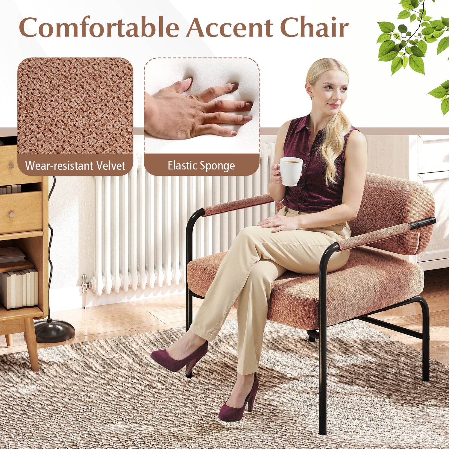 Velvet Upholstered Accent Chair with Cylindrical Backrest and Metal Armrests-Brown