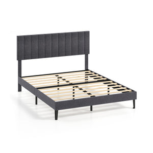 Velvet Upholstered Platform Bed with Height Adjustable Vertical Channel Headboard-Queen Size
