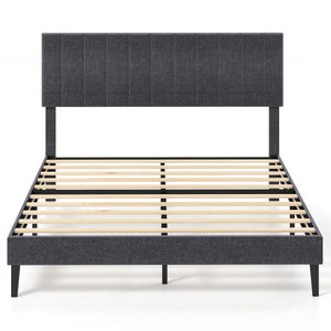 Velvet Upholstered Platform Bed with Height Adjustable Vertical Channel Headboard-Queen Size