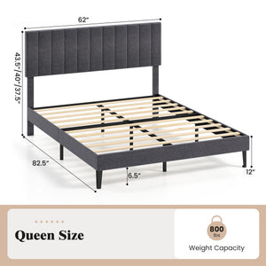 Velvet Upholstered Platform Bed with Height Adjustable Vertical Channel Headboard-Queen Size