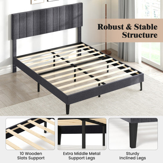 Velvet Upholstered Platform Bed with Height Adjustable Vertical Channel Headboard-Full Size