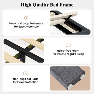 Velvet Upholstered Platform Bed with Height Adjustable Vertical Channel Headboard-Queen Size