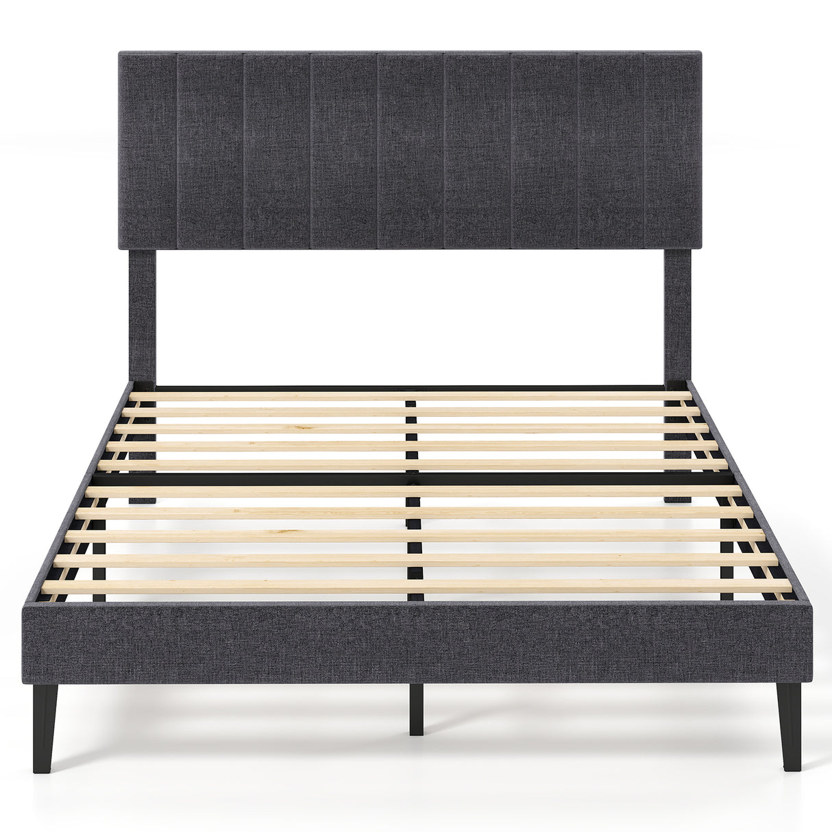 Velvet Upholstered Platform Bed with Height Adjustable Vertical Channel Headboard-Full Size