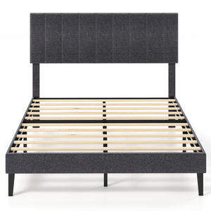 Velvet Upholstered Platform Bed with Height Adjustable Vertical Channel Headboard-Full Size