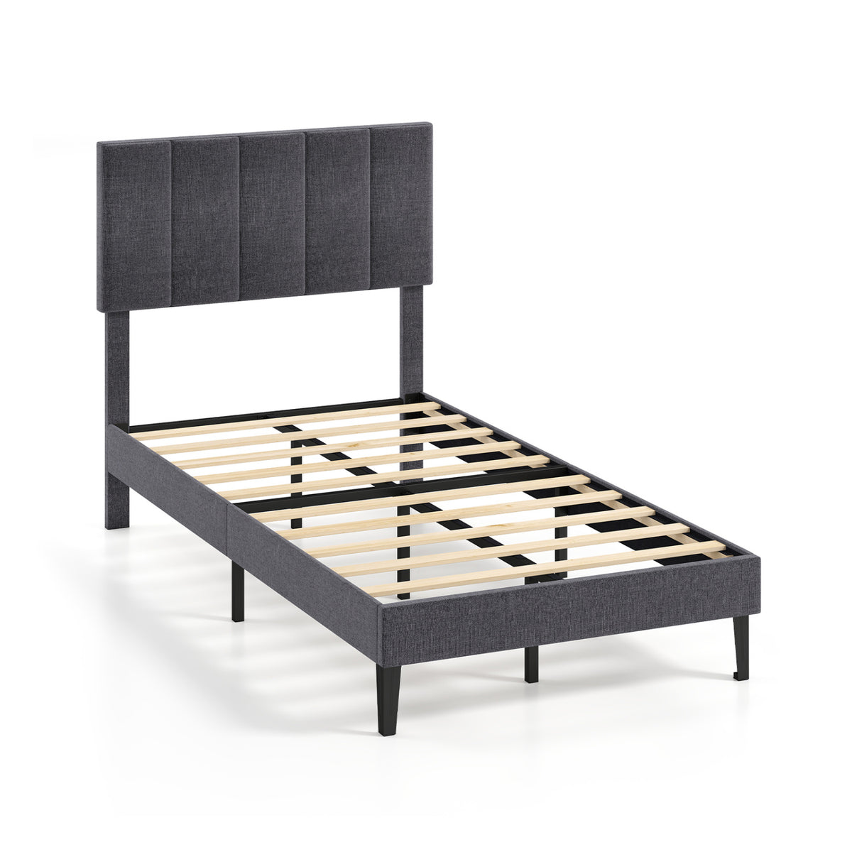 Linen Upholstered Platform Bed with Height Adjustable Vertical Channel Headboard-Twin Size