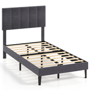 Linen Upholstered Platform Bed with Height Adjustable Vertical Channel Headboard-Twin Size
