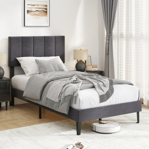 Linen Upholstered Platform Bed with Height Adjustable Vertical Channel Headboard-Twin Size