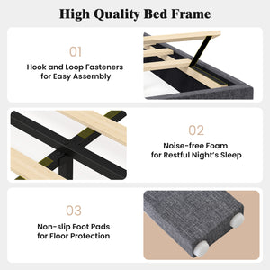 Linen Upholstered Platform Bed with Height Adjustable Vertical Channel Headboard-Twin Size