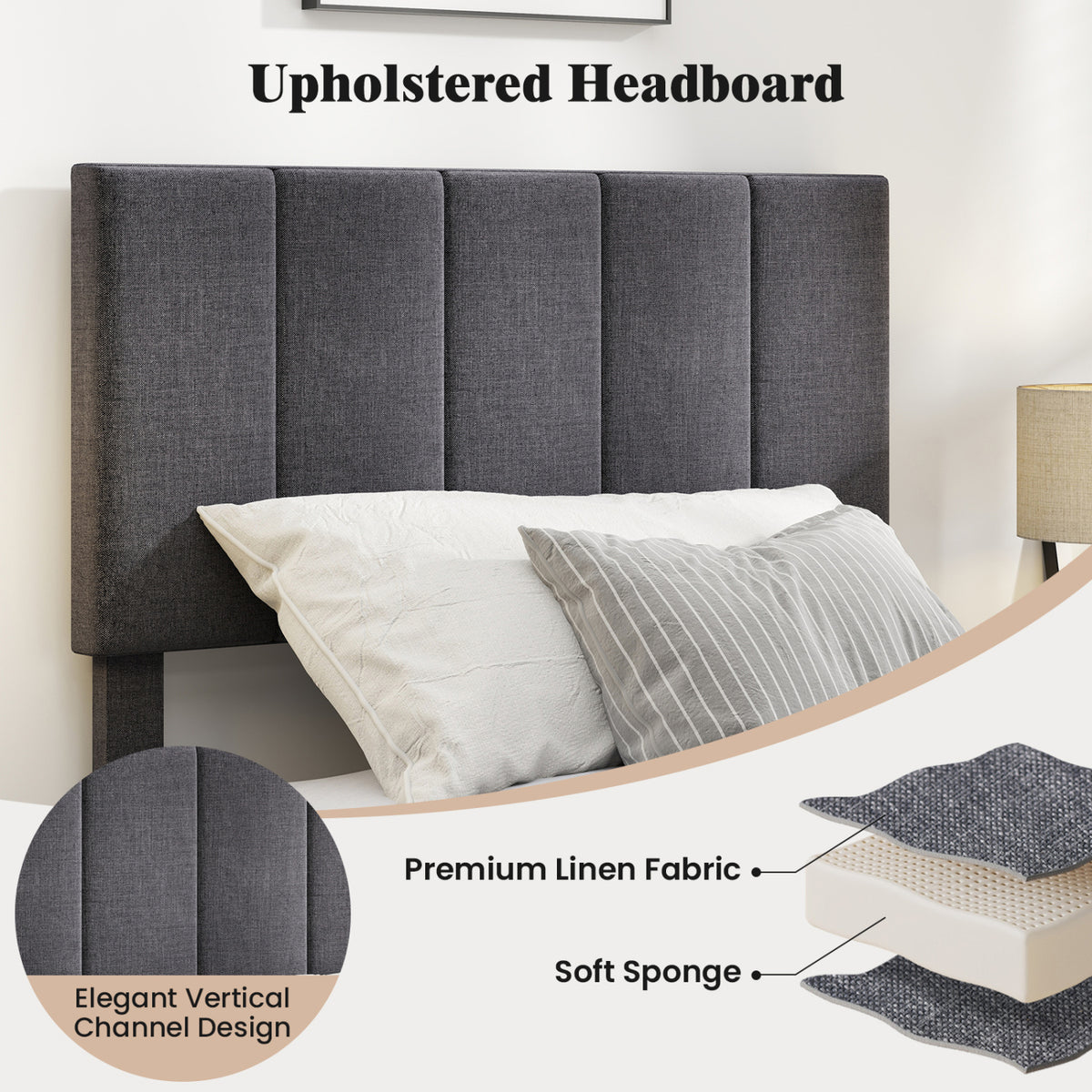 Linen Upholstered Platform Bed with Height Adjustable Vertical Channel Headboard-Twin Size