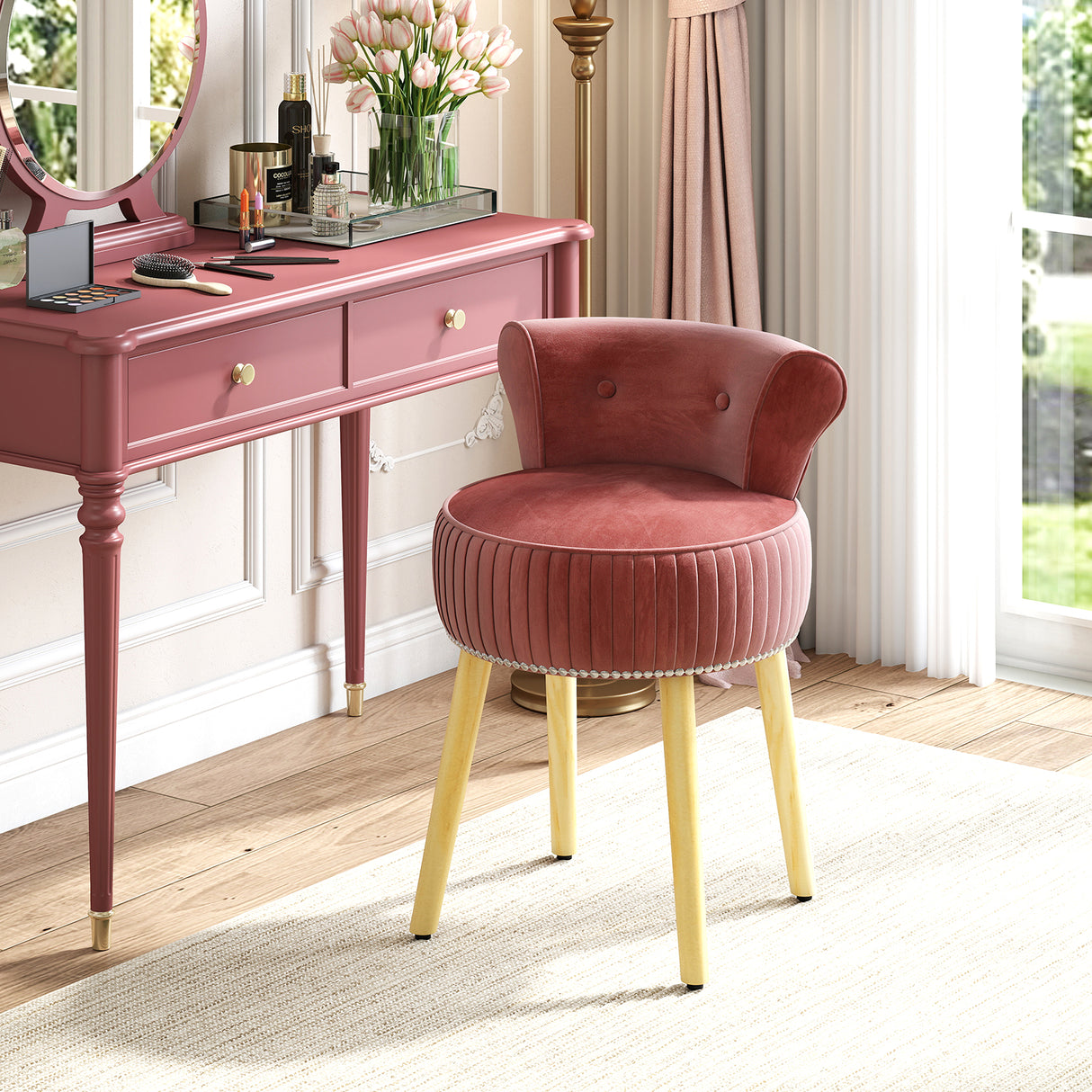 Velvet Vanity Chair with Back Upholstered Vanity Stool with Tufted Low Back and Solid Wood Legs-Pink