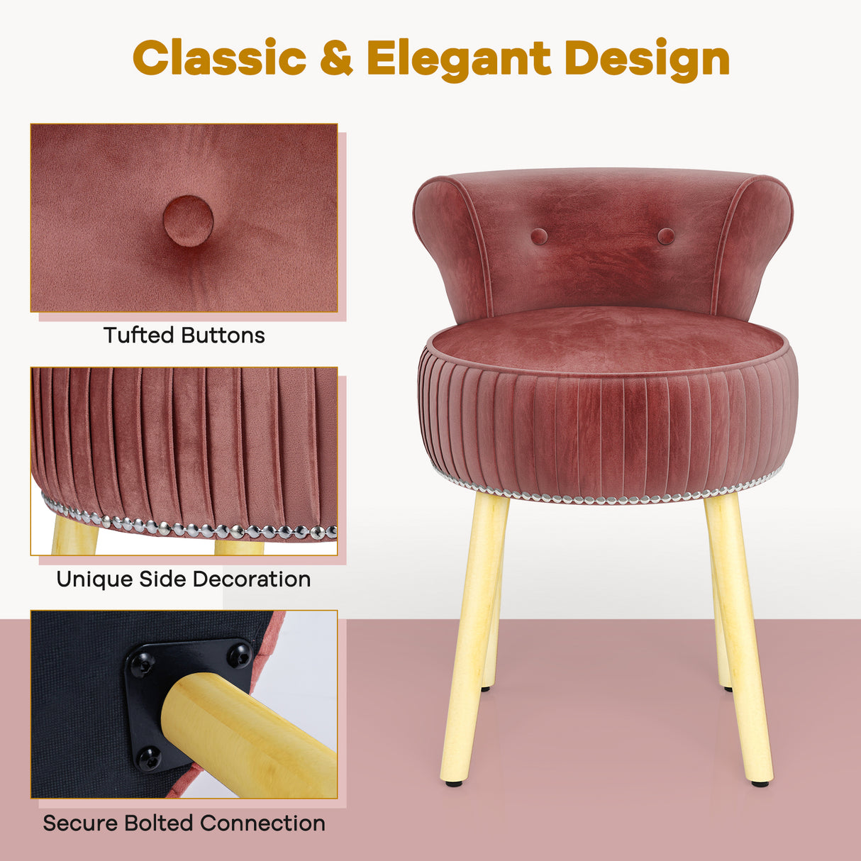 Velvet Vanity Chair with Back Upholstered Vanity Stool with Tufted Low Back and Solid Wood Legs-Pink