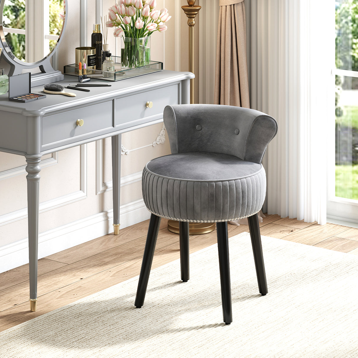 Velvet Vanity Chair with Back Upholstered Vanity Stool with Tufted Low Back and Solid Wood Legs-Gray