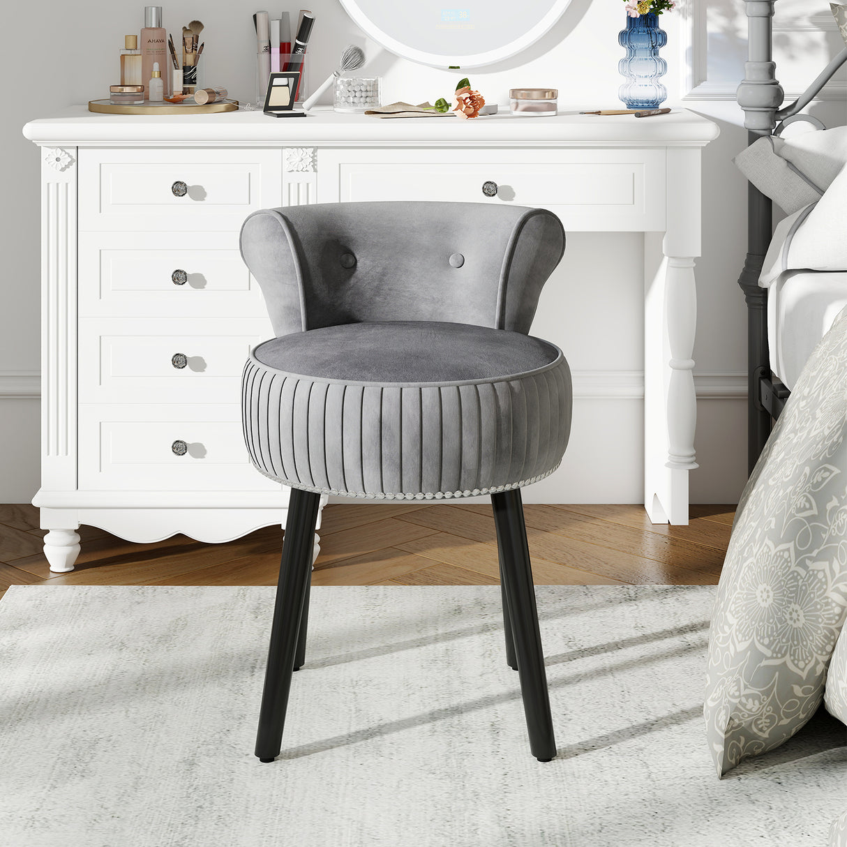 Velvet Vanity Chair with Back Upholstered Vanity Stool with Tufted Low Back and Solid Wood Legs-Gray