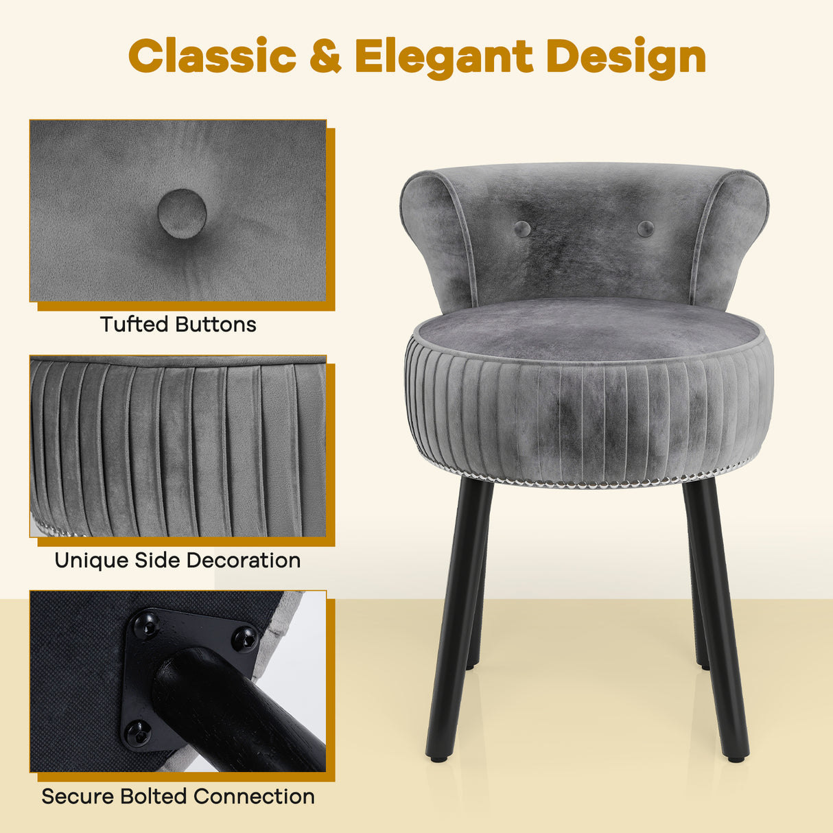 Velvet Vanity Chair with Back Upholstered Vanity Stool with Tufted Low Back and Solid Wood Legs-Gray