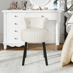 Velvet Vanity Chair with Back Upholstered Vanity Stool with Tufted Low Back and Solid Wood Legs-White