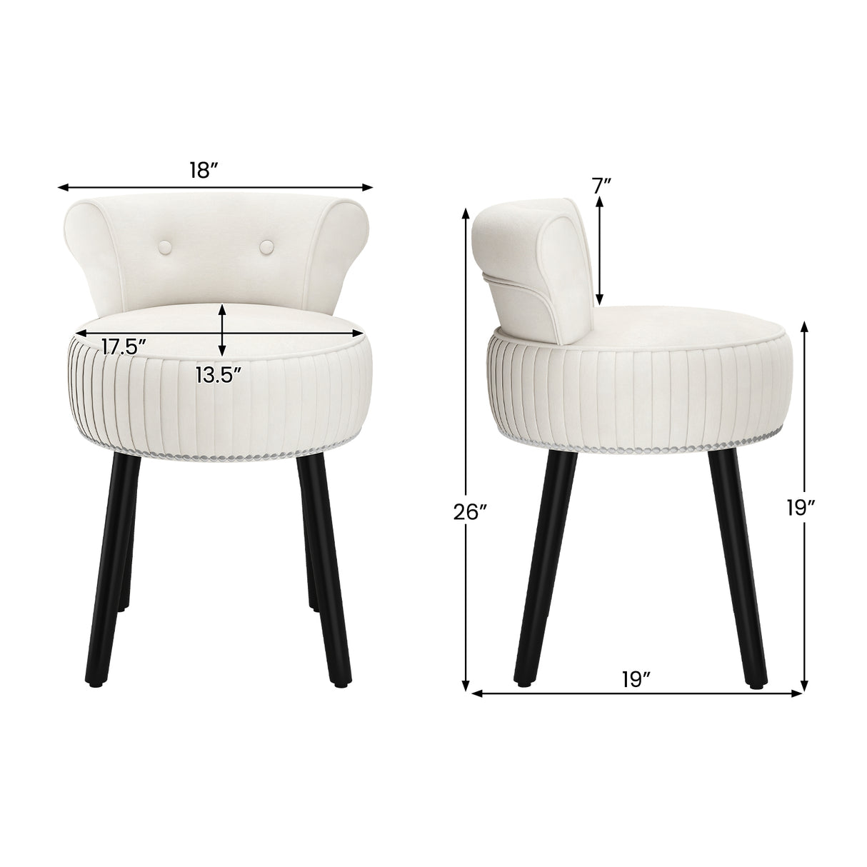 Velvet Vanity Chair with Back Upholstered Vanity Stool with Tufted Low Back and Solid Wood Legs-White