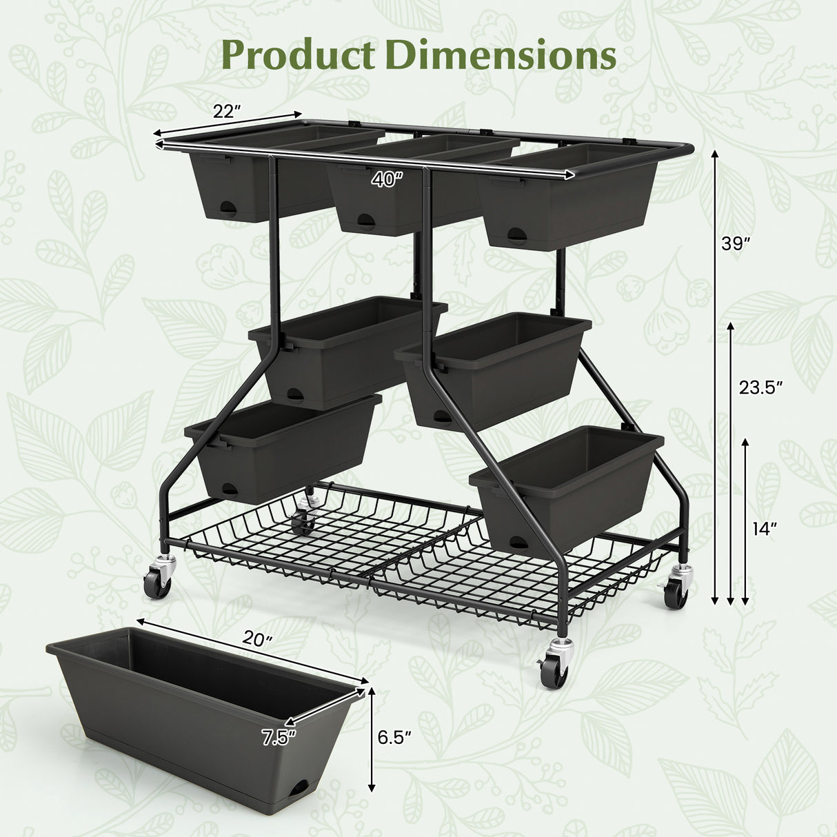 Vertical Raised Garden Bed with 7 Planter Boxes and Storage Baskets-Black
