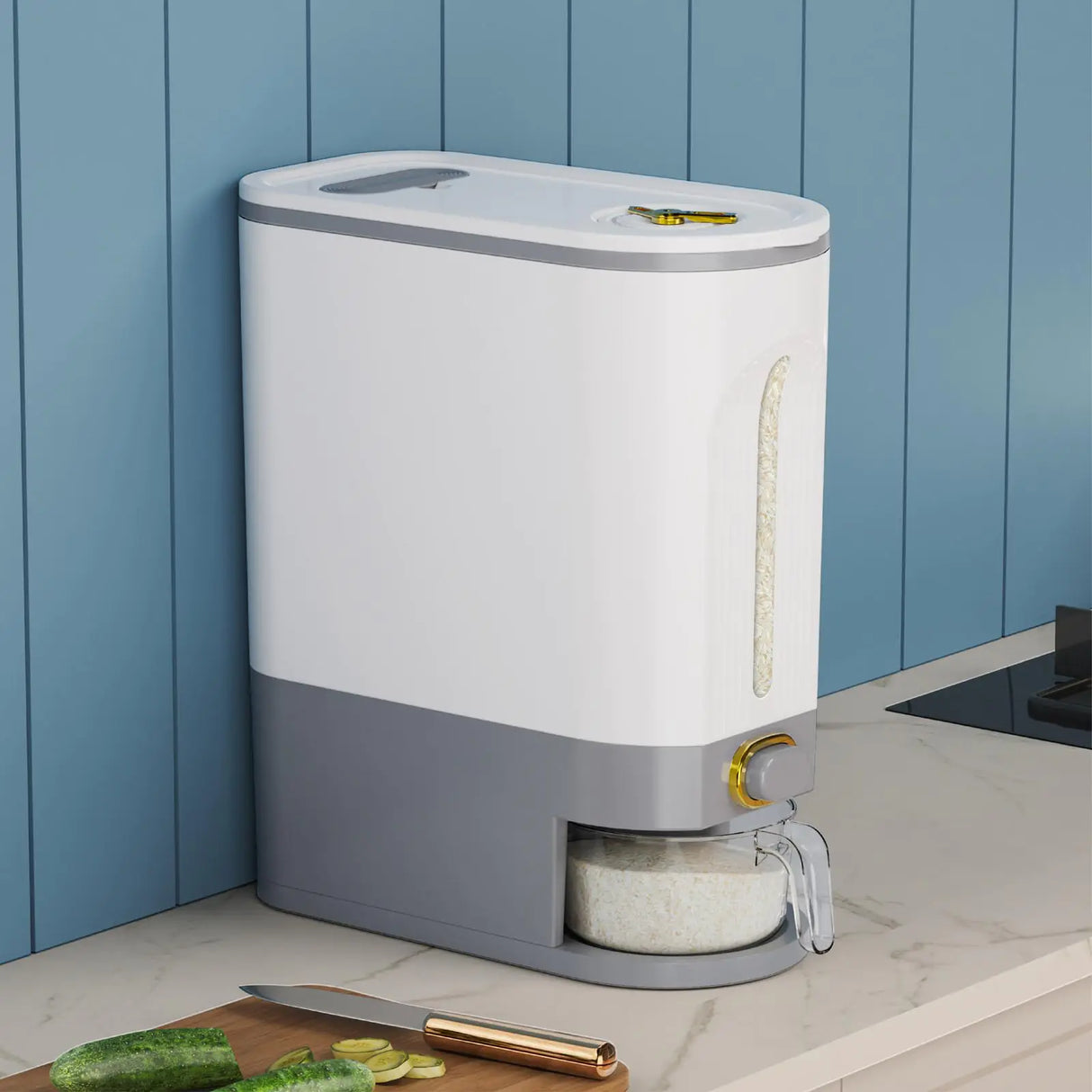 Lenwi 11 Lbs Rice Dispenser Large Rice Container with Scale Measuring Cup BPA-Free Household Rice Storage Container with Time Scale for Home Kitchen Pantry Organization