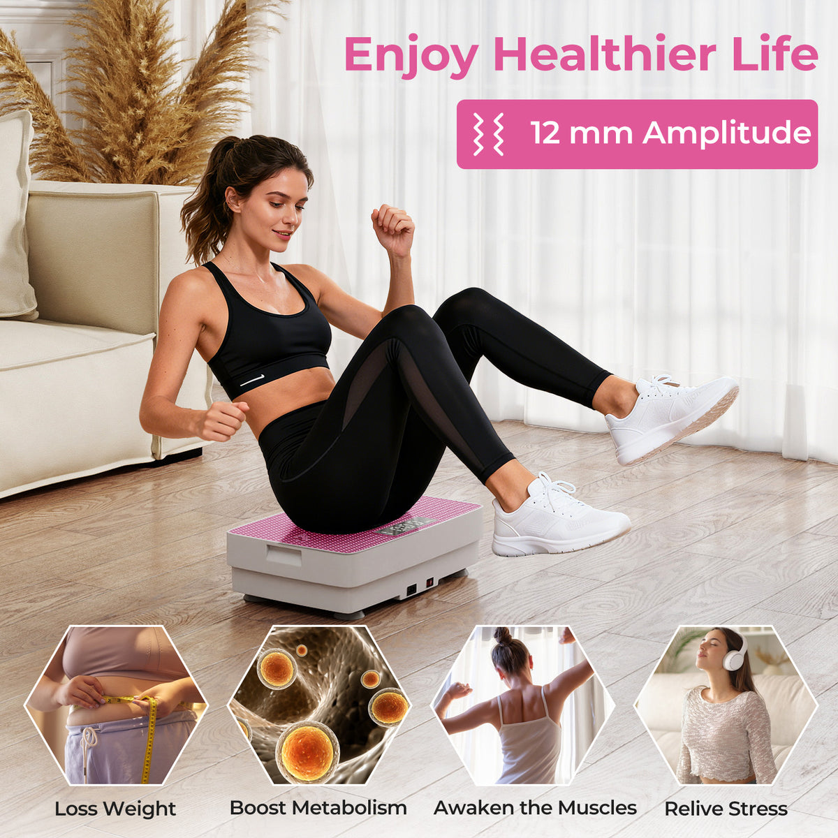 Vibration Plate Exercise Machine with Gravity Sensor and Remote Control for Home Gym-Pink
