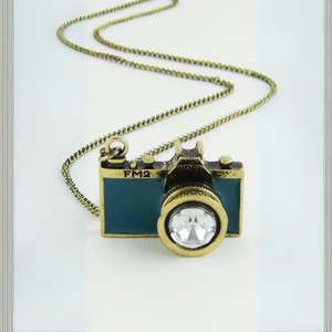 Vintage Camera Necklace in Teal | Antique Brass Long Chain