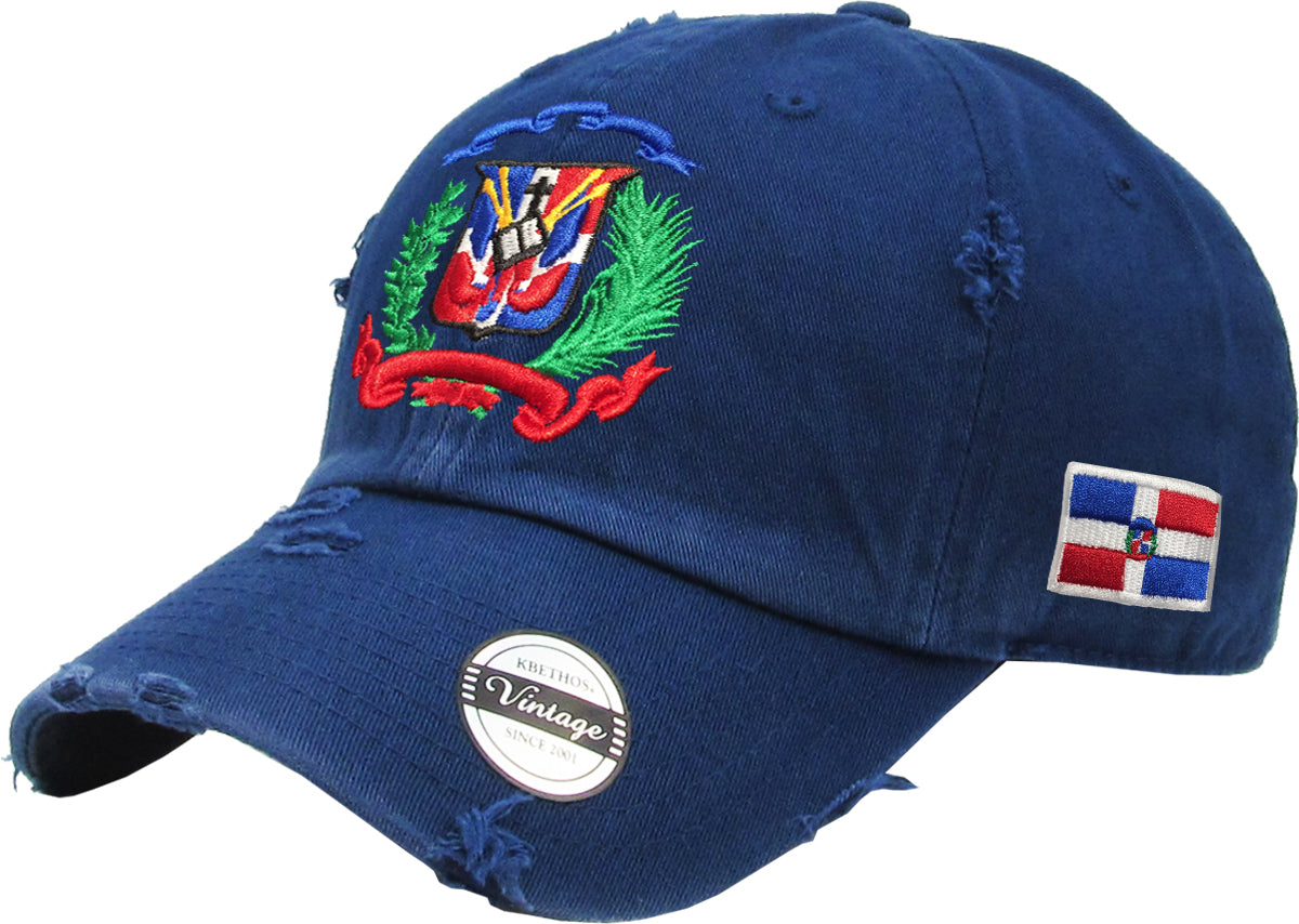 Dominican Republic Embroidered Vintage Dad Hat – Distressed Adjustable Cotton Baseball Cap with Dominican Shield Flag