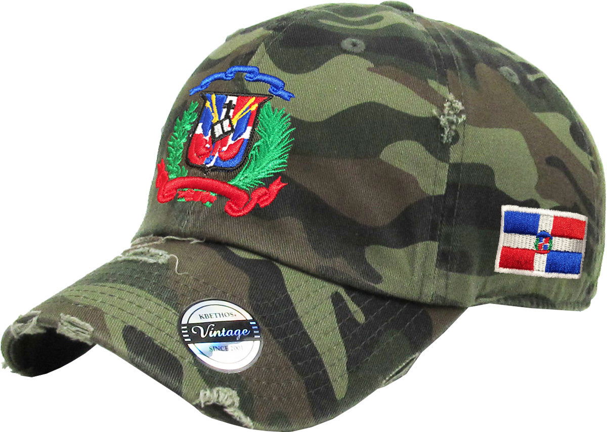 Dominican Republic Embroidered Vintage Dad Hat – Distressed Adjustable Cotton Baseball Cap with Dominican Shield Flag