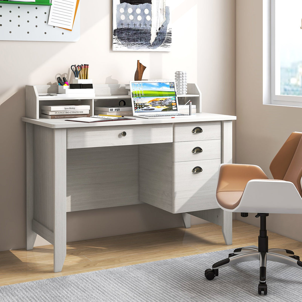 Vintage Computer Desk with Storage Shelves and 4 Drawer-White