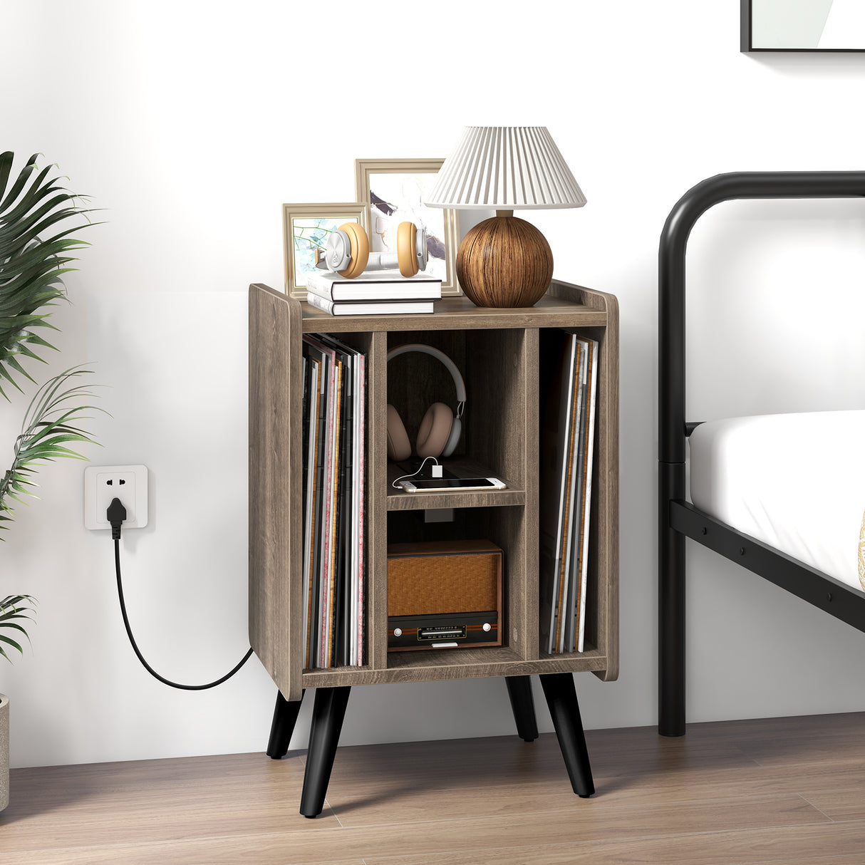 Vinyl Record Storage Turntable Stand with 4 Open Shelves-Gray