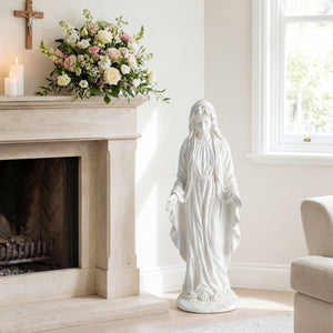 Virgin Mary Statue 29.5 inch Tall Outdoor Religious Sculpture with Aged Finish-White