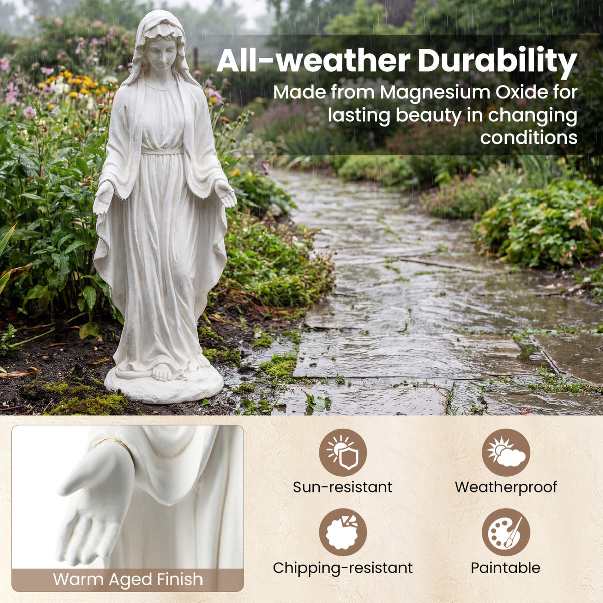 Virgin Mary Statue 29.5 inch Tall Outdoor Religious Sculpture with Aged Finish-White