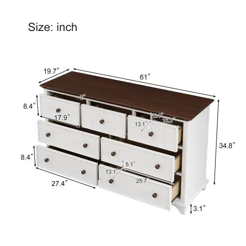 Wooden Captain Seven-Drawer Dresser For Bedroom, Living Room, Kids' Room, White Walnut