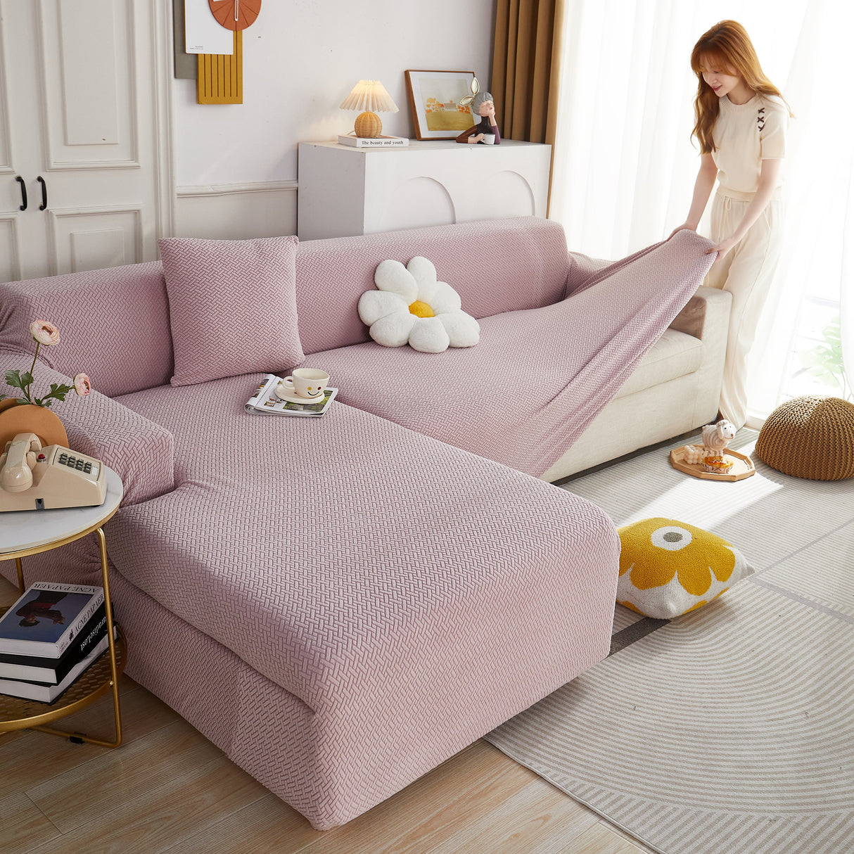 L Shape Couch Covers Stretch Slipcovers Furniture Protector with 1pcs Free Pillowcases