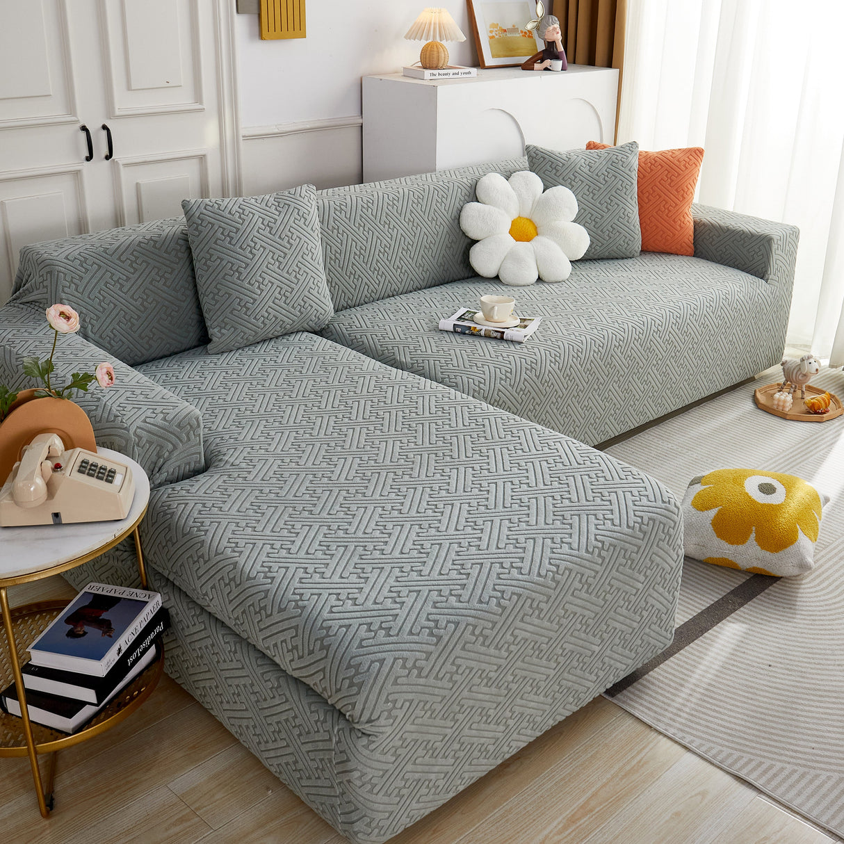 L Shape Sectional Sofa Cover Soft Stretch Furniture Protector Couch Slipcover with 1pcs Free Pillowcases