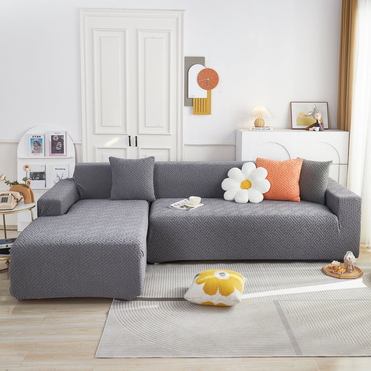 L Shape Sectional Sofa Cover Soft Stretch Furniture Protector Couch Slipcover with 1pcs Free Pillowcases