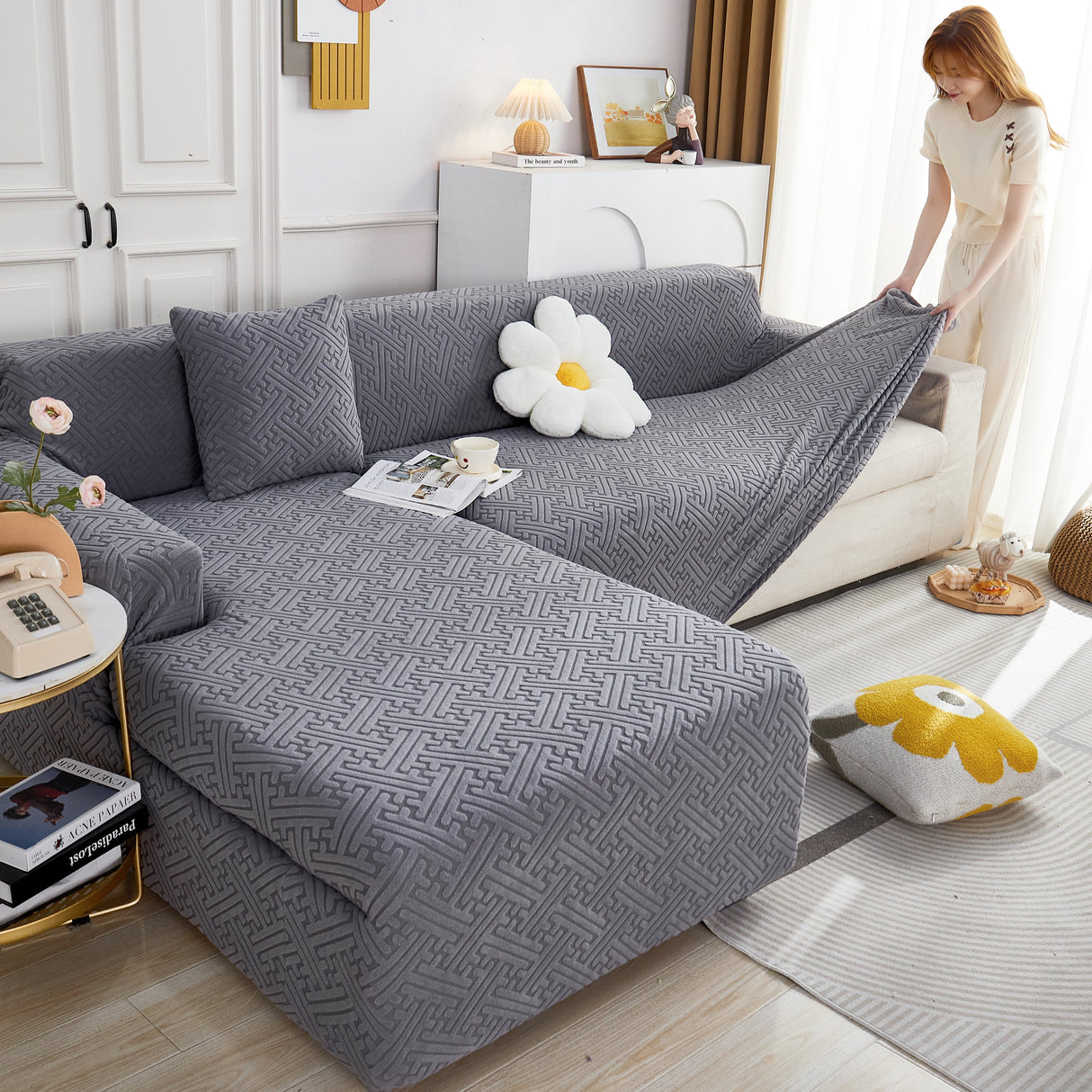 L Shape Sectional Sofa Cover Soft Stretch Furniture Protector Couch Slipcover with 1pcs Free Pillowcases