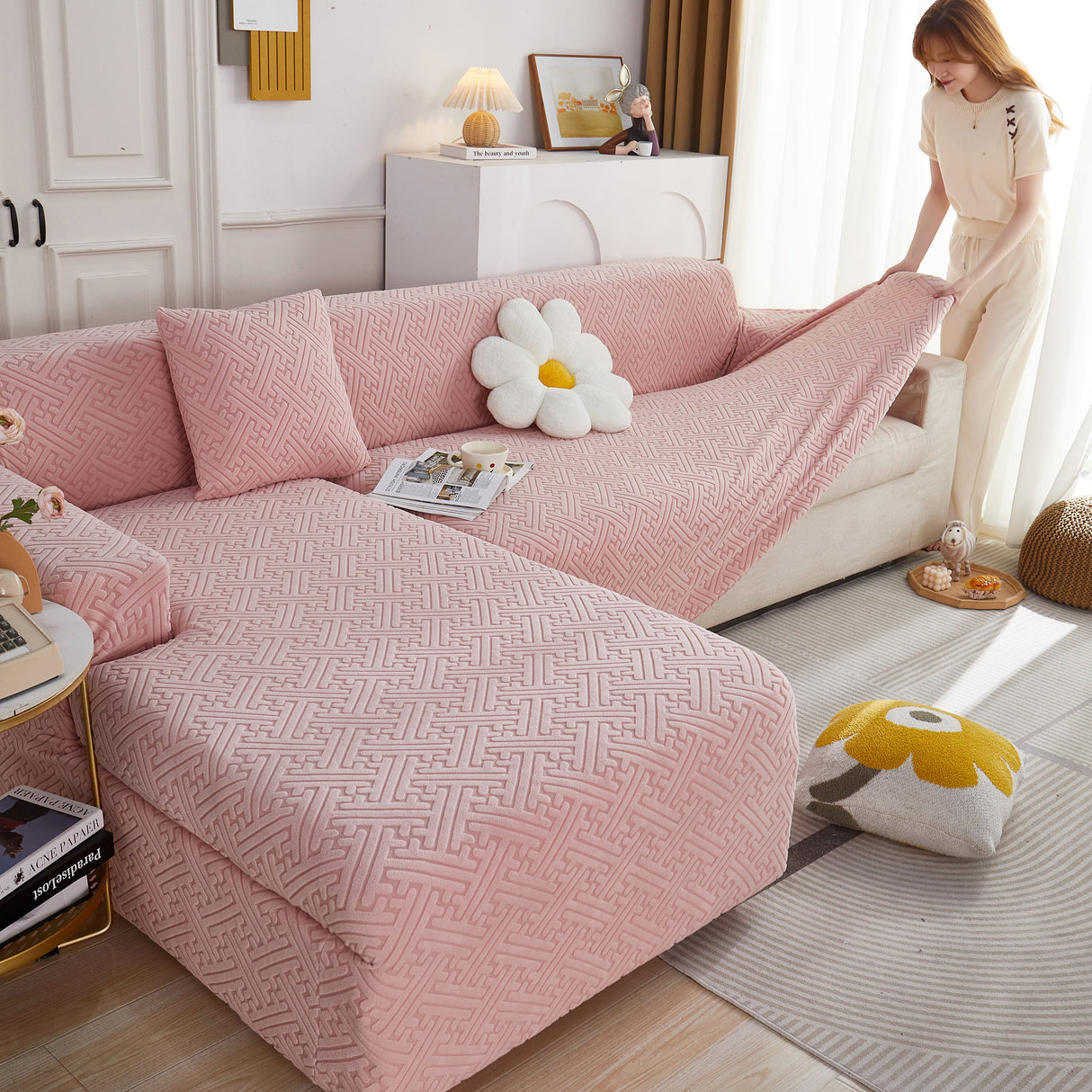 L Shape Sectional Sofa Cover Soft Stretch Furniture Protector Couch Slipcover with 1pcs Free Pillowcases