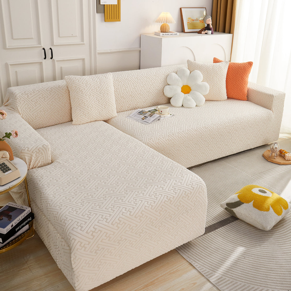 L Shape Sectional Sofa Cover Soft Stretch Furniture Protector Couch Slipcover with 1pcs Free Pillowcases