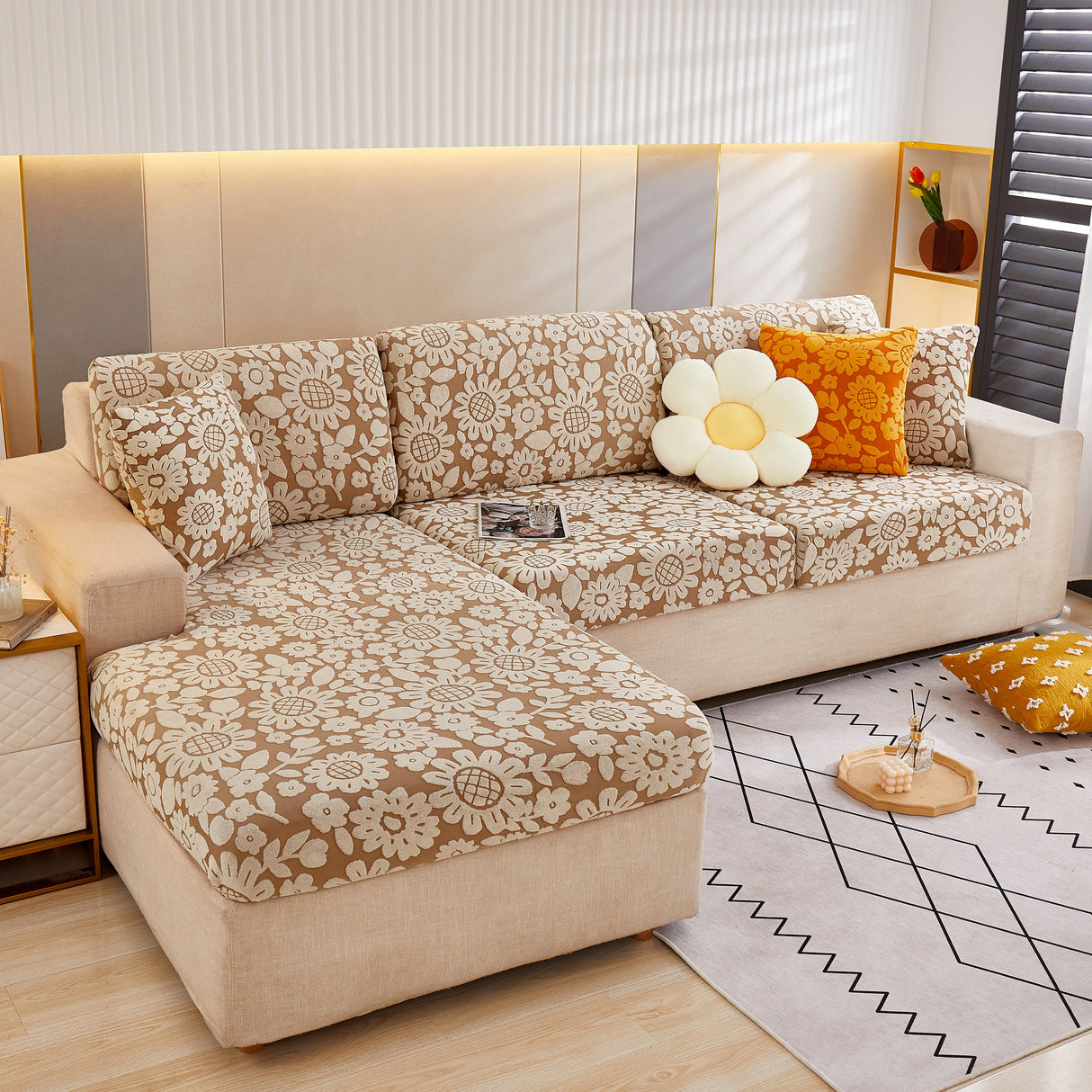 Flower Pattern Jacquard Fleece Stretch Sofa Cover, Non-Slip L-Shaped Couch Cushion Covers for Pets