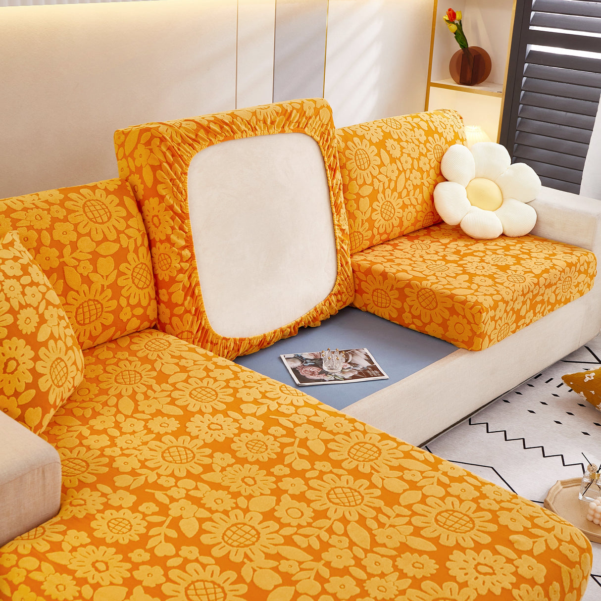 Flower Pattern Jacquard Fleece Stretch Sofa Cover, Non-Slip L-Shaped Couch Cushion Covers for Pets