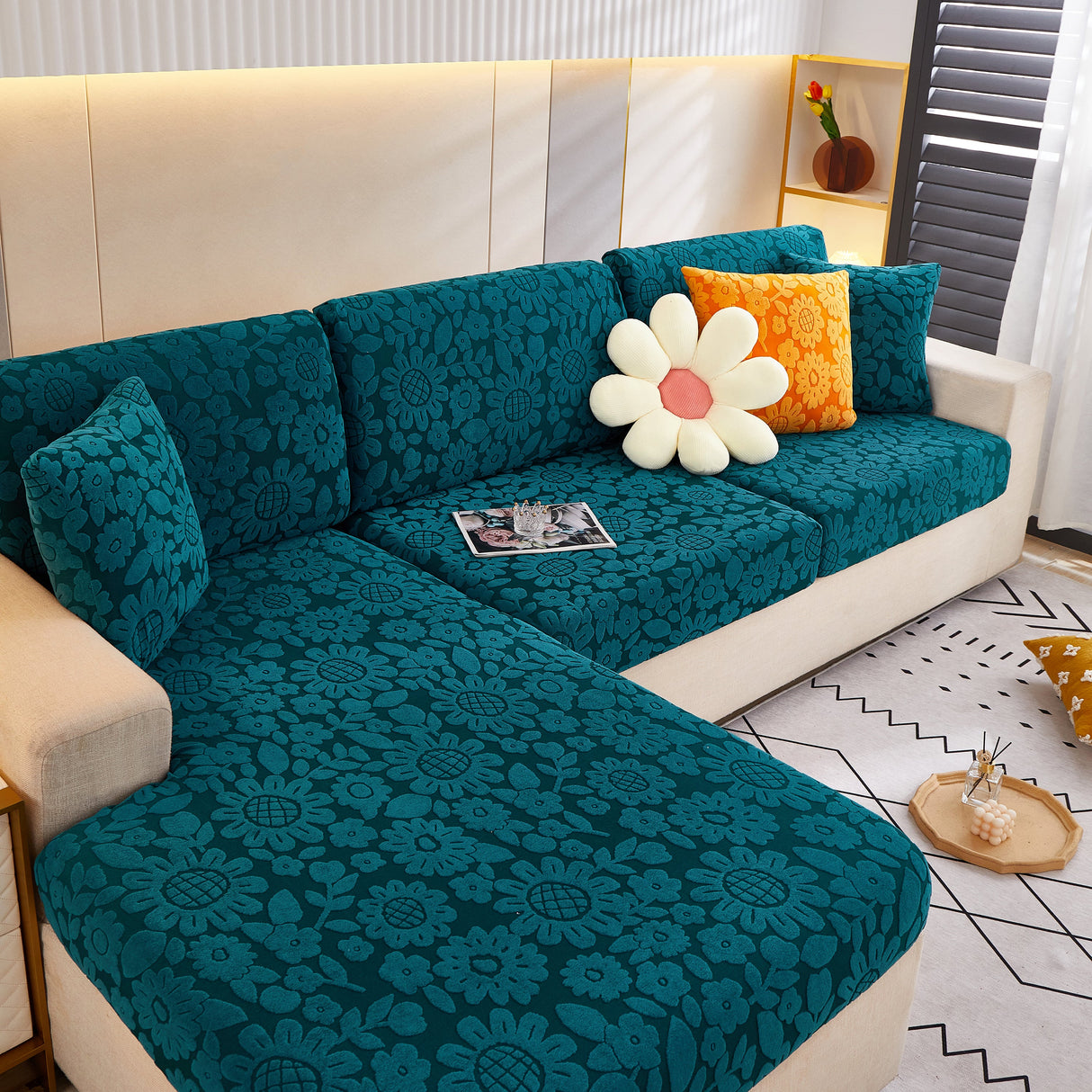 Flower Pattern Jacquard Fleece Stretch Sofa Cover, Non-Slip L-Shaped Couch Cushion Covers for Pets