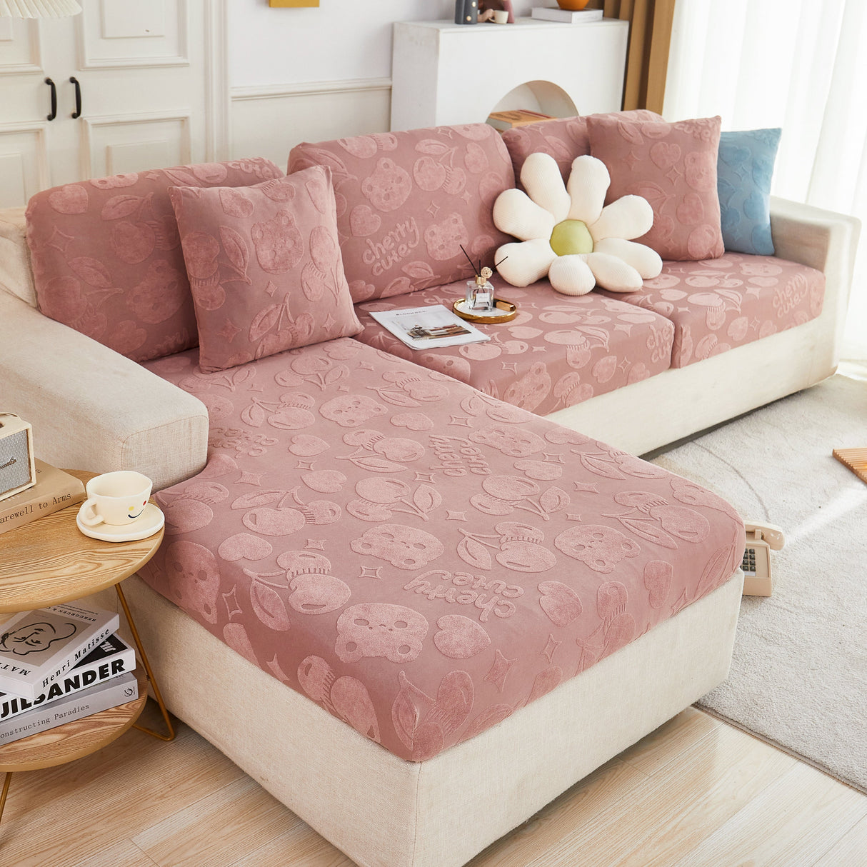 Cherry Cute Cooling Silk Fabric Stretch Couch Cushion Covers, Non-Slip Furniture Protector for Kids