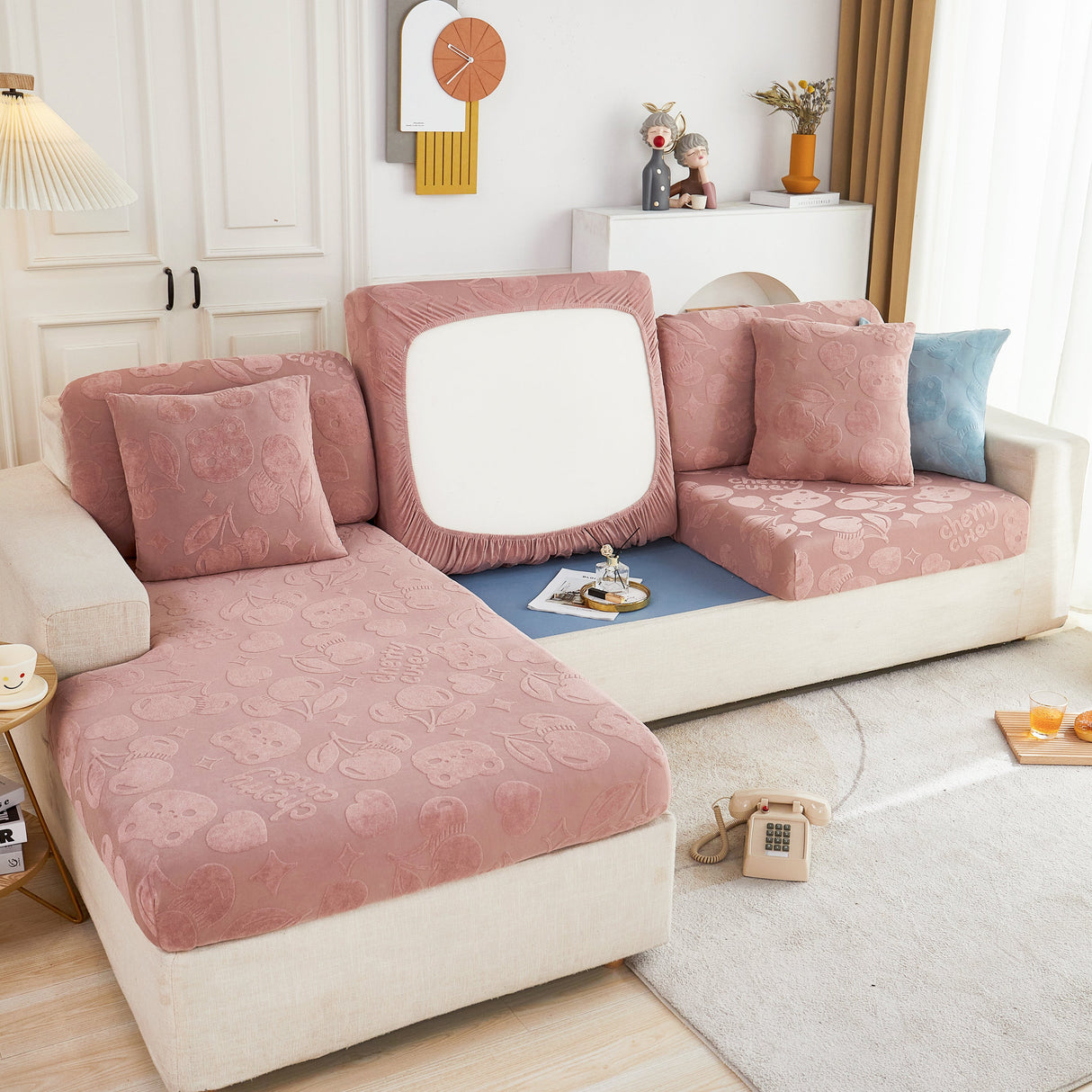 Cherry Cute Cooling Silk Fabric Stretch Couch Cushion Covers, Non-Slip Furniture Protector for Kids